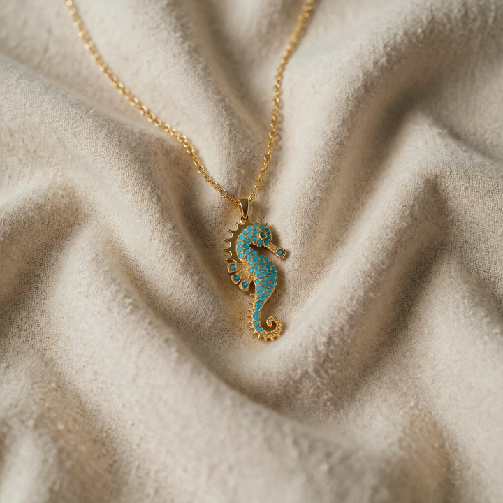 Gold Necklace Clíodhna with Turquoise Seahorse