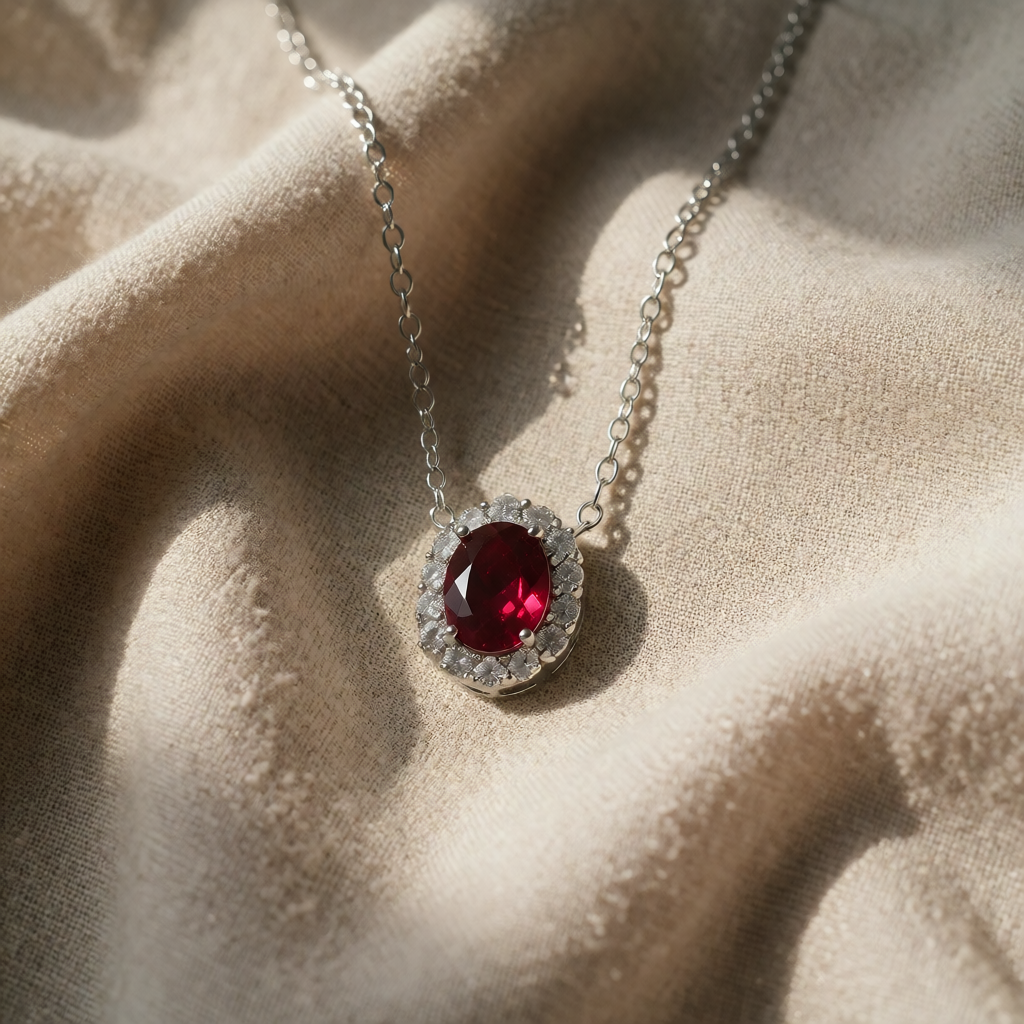 Silver Necklace Bríd with Ruby and Zirconia Halo