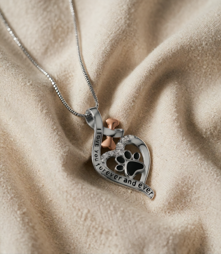 Silver Necklace with Paw Print, Heart and Rose Gold Bone