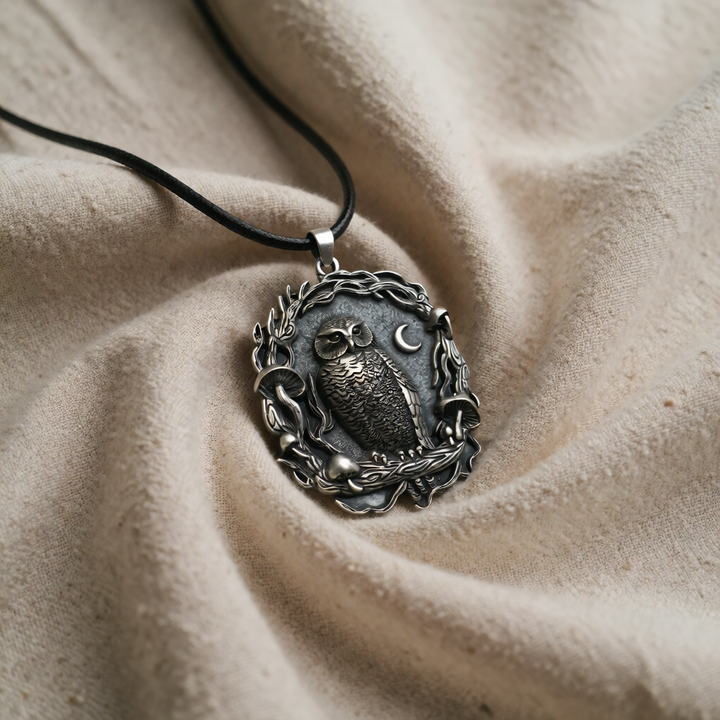 Silver Necklace Eithne with Owl and Mushrooms