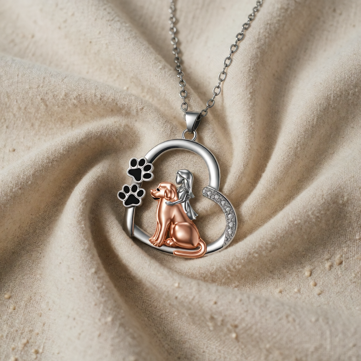 Silver Necklace with Rose Gold Dog, Girl and Paw Prints