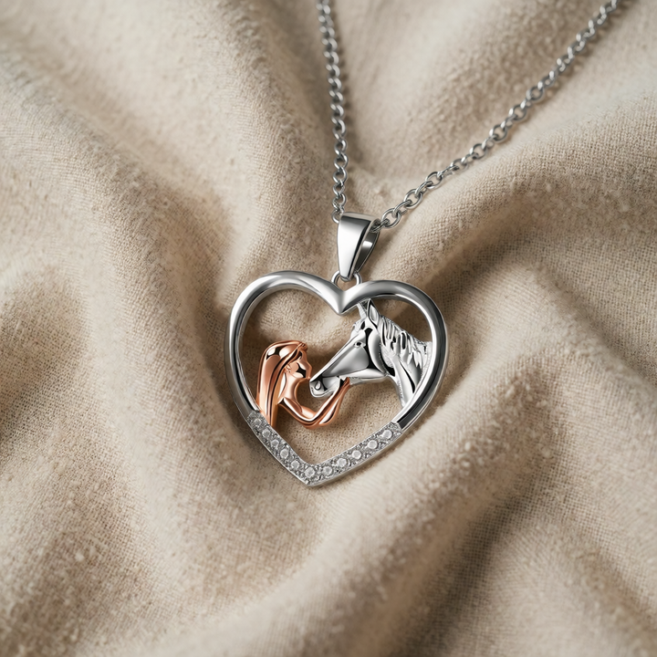 Silver &amp; Rose Gold Necklace with Girl and Horse Motif