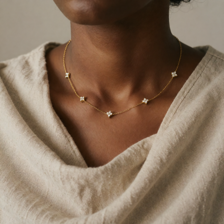 Gold Necklace Darina with Zirconia Flower Stations
