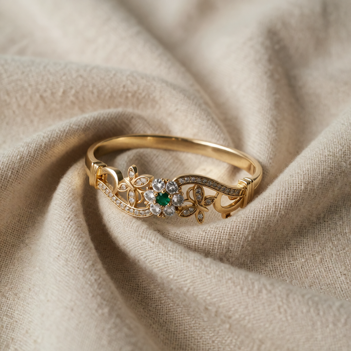 Gold Bangle Bracelet Gráinne with Emerald &amp; Zirconia