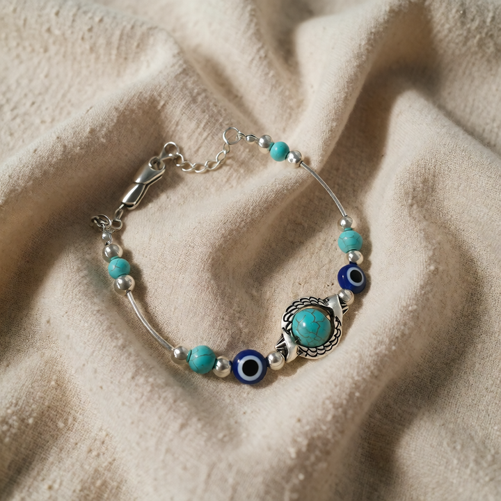 Antique Silver Beaded Bracelet with Turquoise &amp; Evil Eye