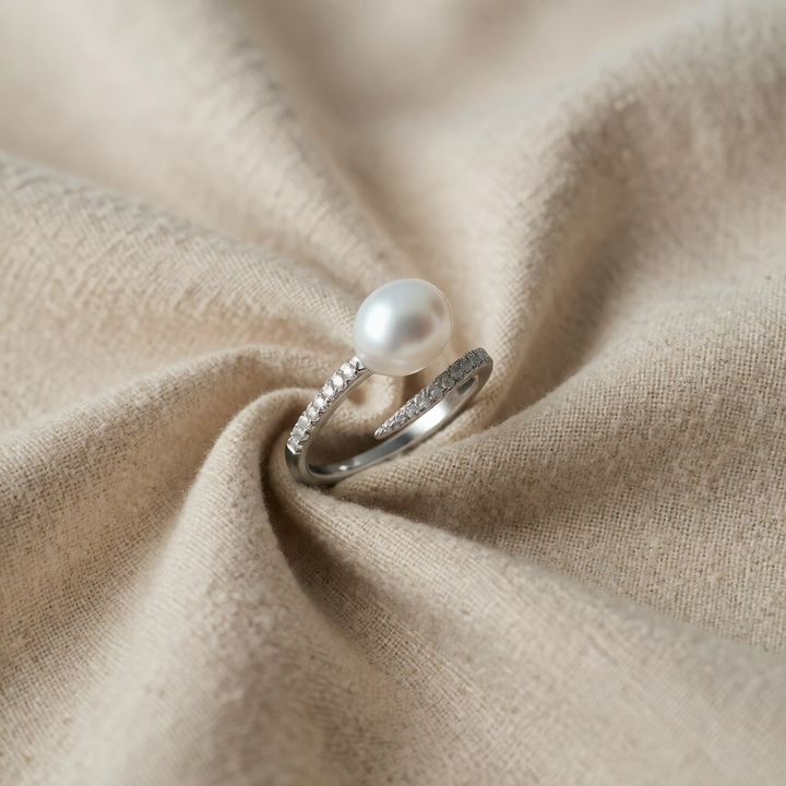 Silver Open Ring Darina with Pearl and Pavé Band