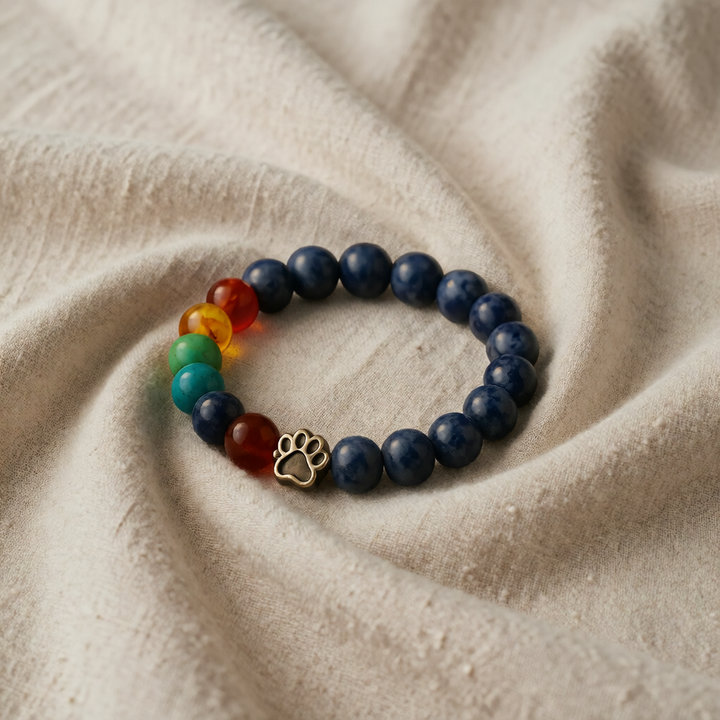 Blue Beaded Bracelet with Paw Print &amp; Chakra Stones