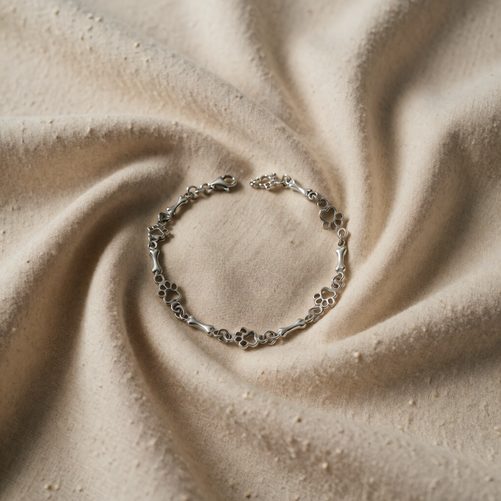 Silver Charm Bracelet with Paw Prints and Bones