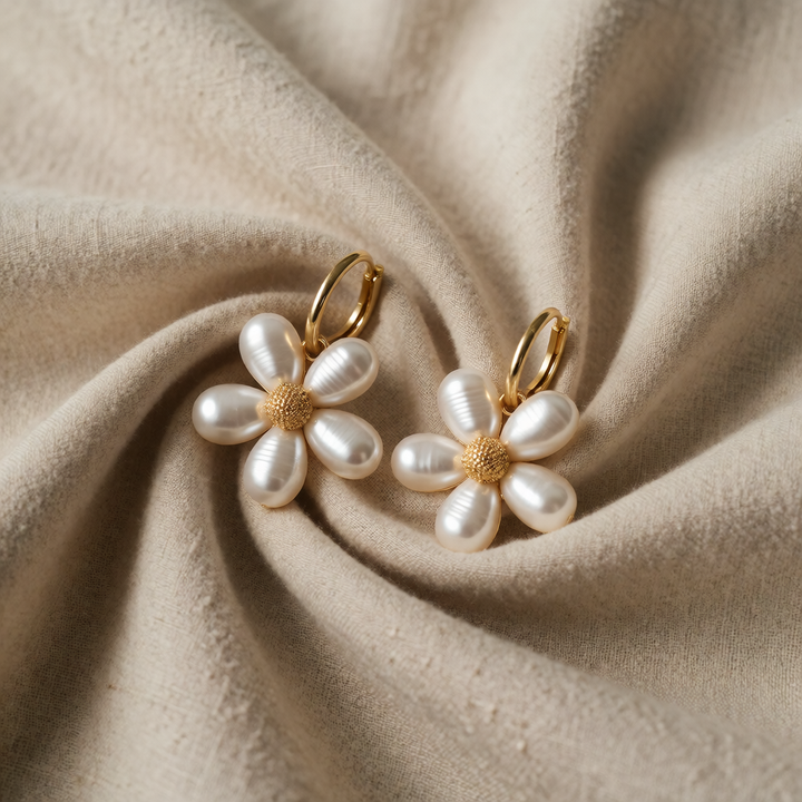 Gold Drop Earrings Órlaith with Pearl Flower
