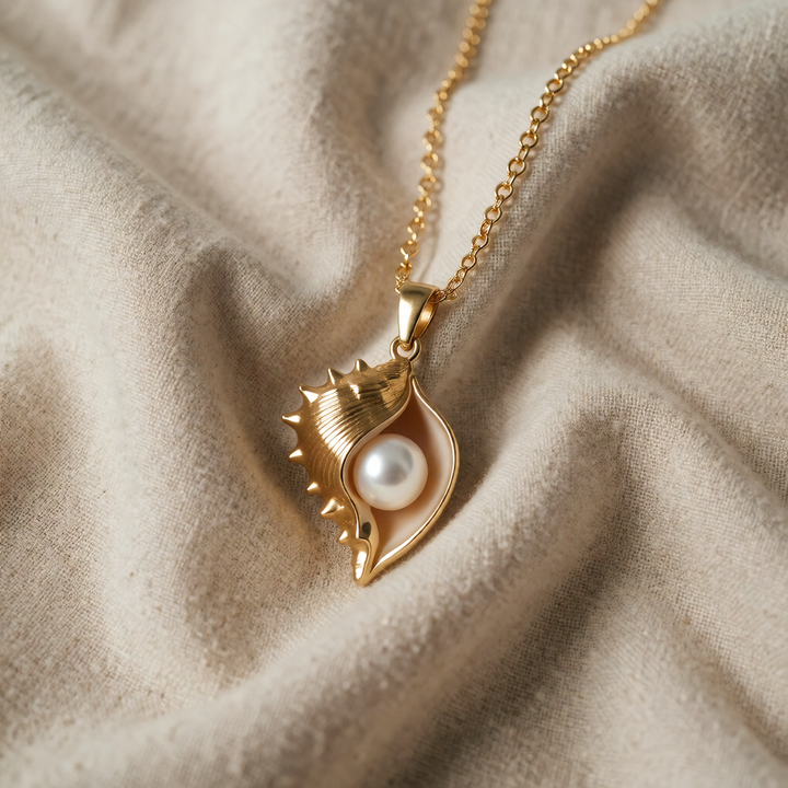 Gold Necklace Muirne with Seashell and Pearl