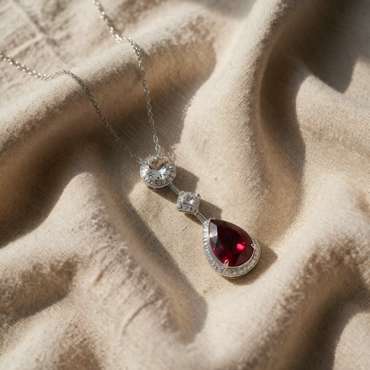 Silver Necklace Ailbhe with Ruby Teardrop and Zirconia