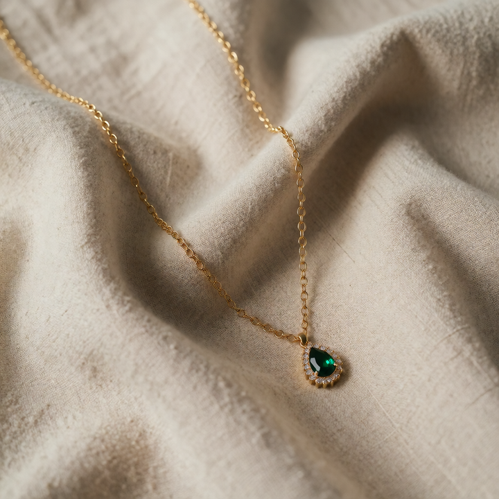 Gold Necklace Deirdre with Emerald Teardrop