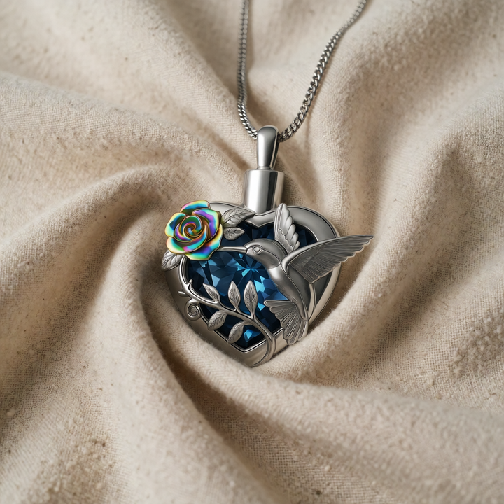 Silver Locket Necklace with Hummingbird and Sapphire Heart