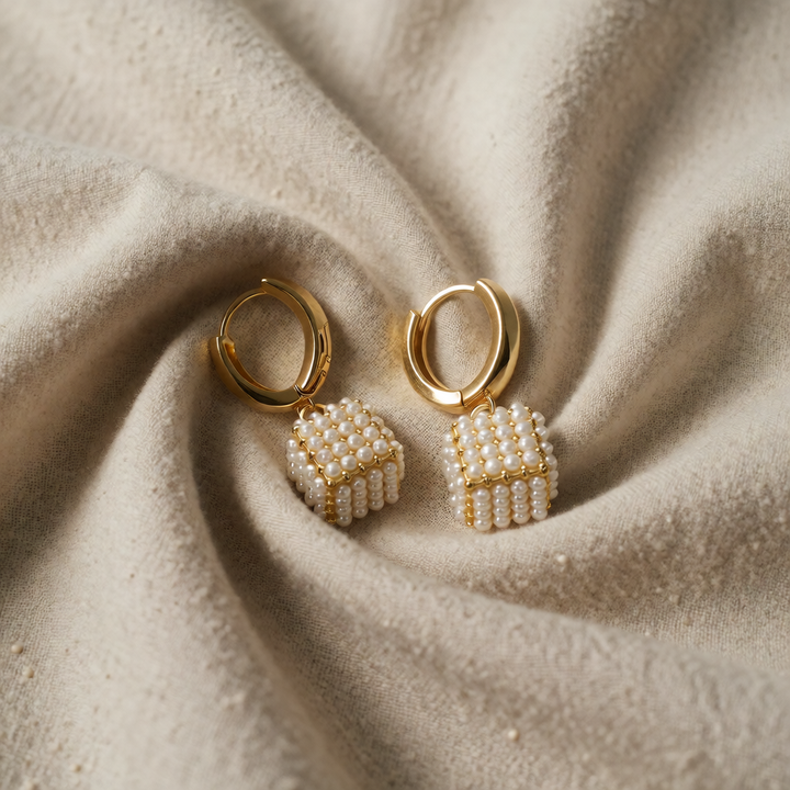 Gold Pearl Drop Earrings Cong with Cube