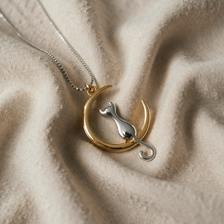 Gold &amp; Silver Necklace with Cat and Crescent Moon