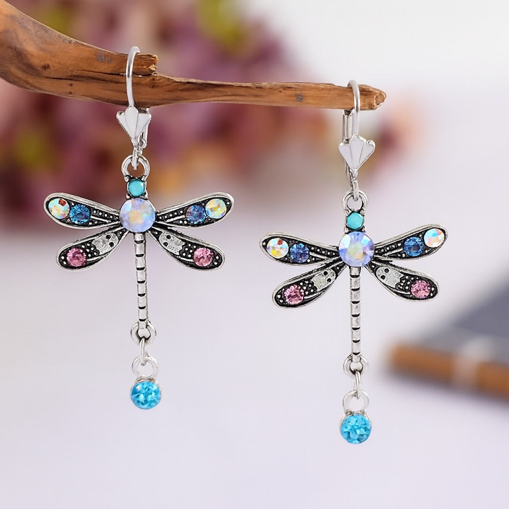 Silver Drop Earrings Gobnait with Dragonfly Motif