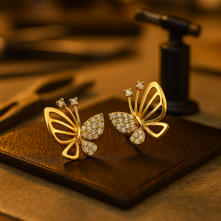 Gold Stud Earrings Treasa with Crystal Butterfly