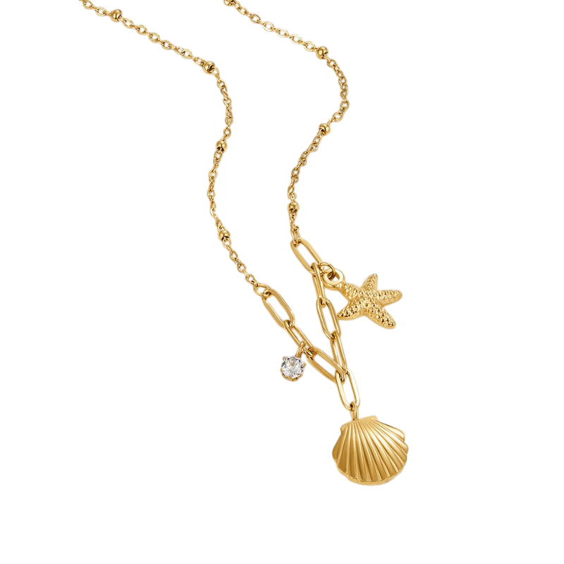Gold Charm Necklace Eithne with Shell and Starfish