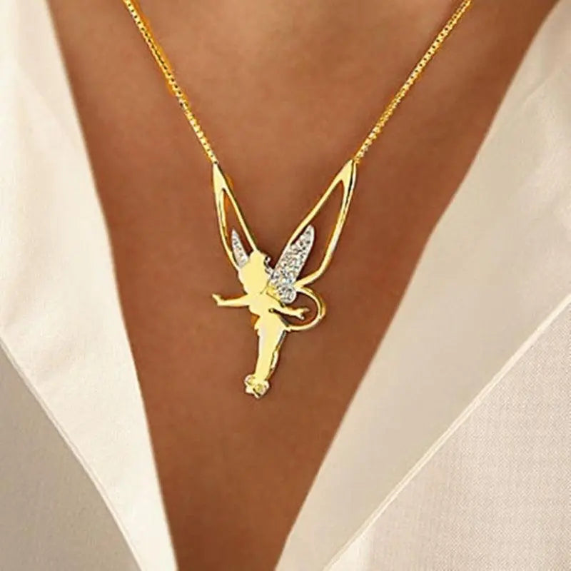 Gold Necklace with Fairy Motif and Zirconia Wings