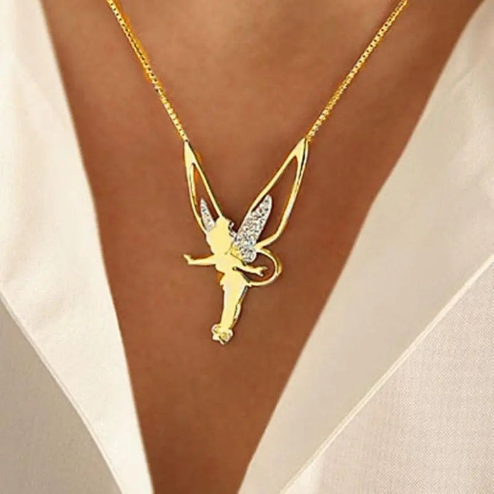 Gold Necklace with Fairy Motif and Zirconia Wings