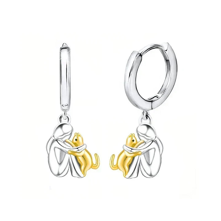 Gold &amp; Silver Hoop Earrings Eithne with Cat Hug Motif