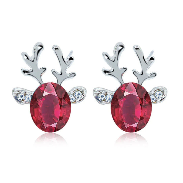 Silver Stud Earrings with Reindeer and Red Crystal