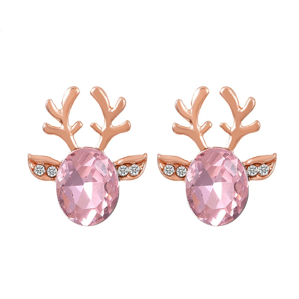 Silver Stud Earrings with Reindeer and Red Crystal