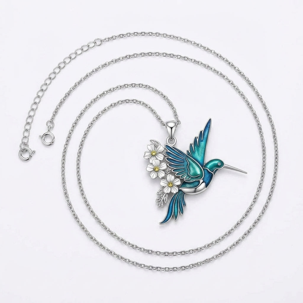 Silver Necklace Set Aoibh with Hummingbird and Flowers