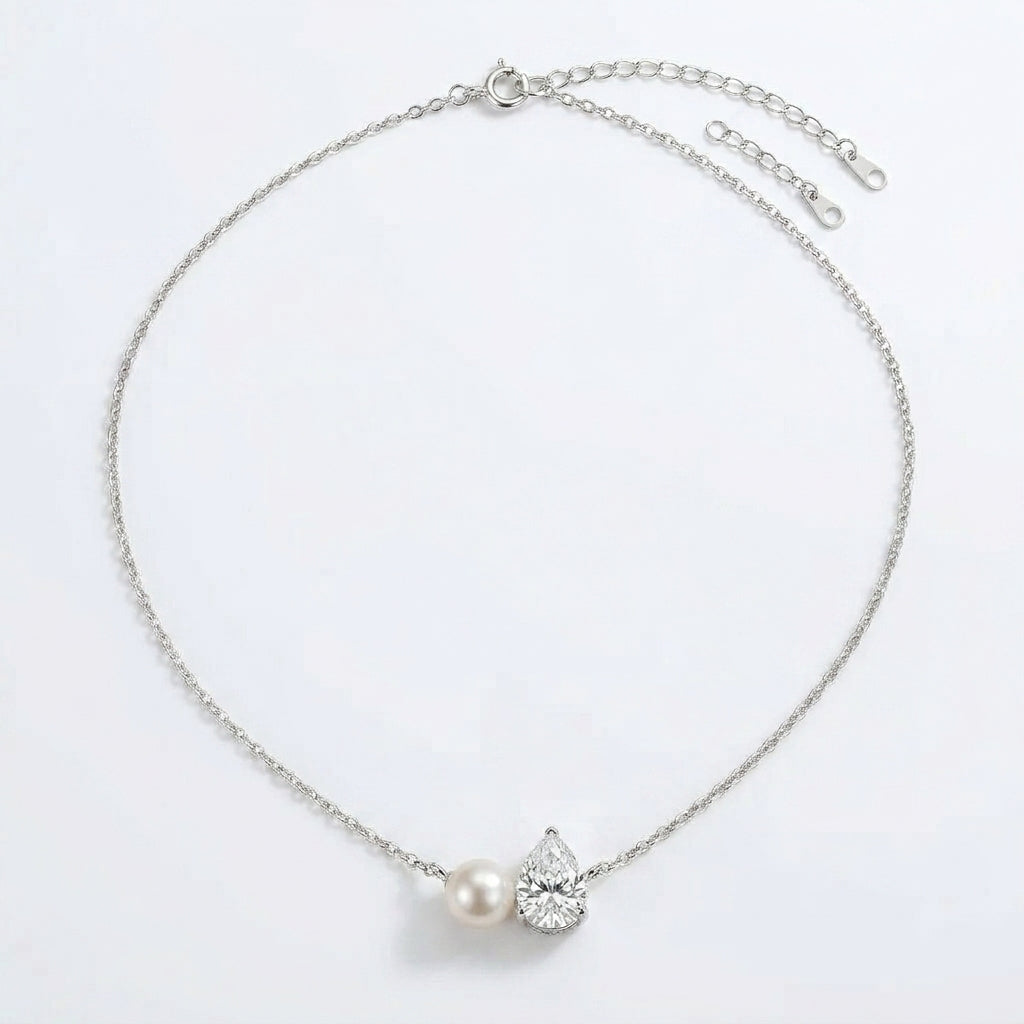 Silver Necklace Dingle with Pearl and Zirconia Teardrop