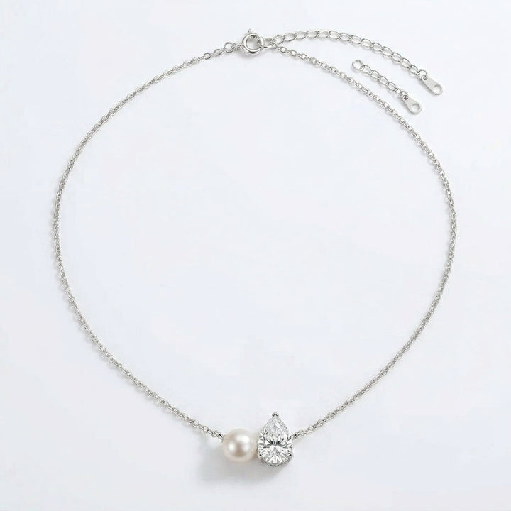 Silver Necklace Dingle with Pearl and Zirconia Teardrop