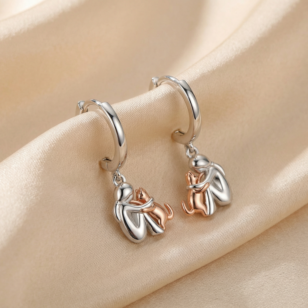 Gold &amp; Silver Hoop Earrings Eithne with Cat Hug Motif