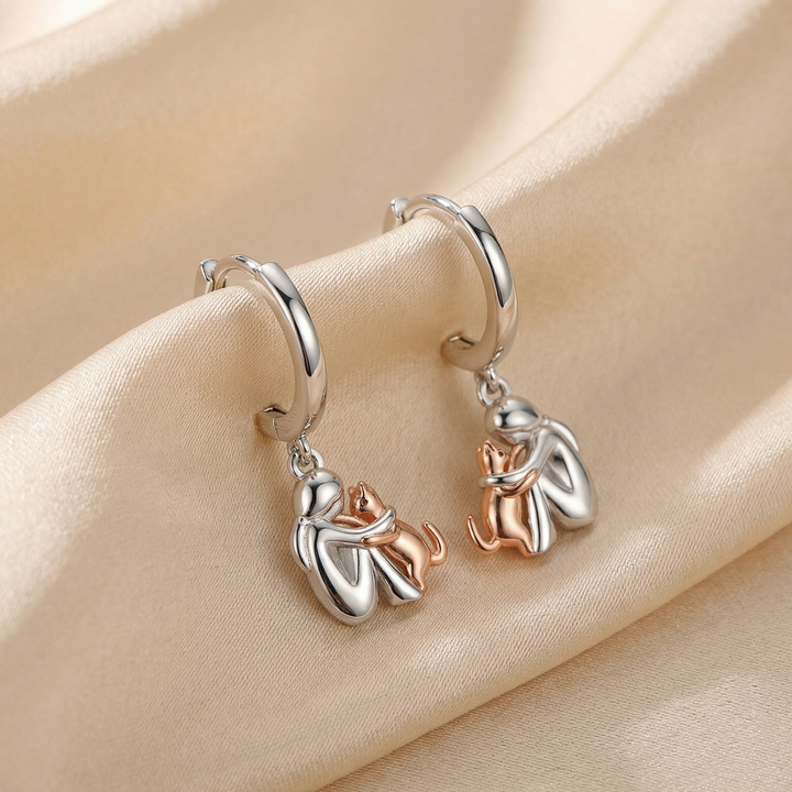 Gold &amp; Silver Hoop Earrings Eithne with Cat Hug Motif