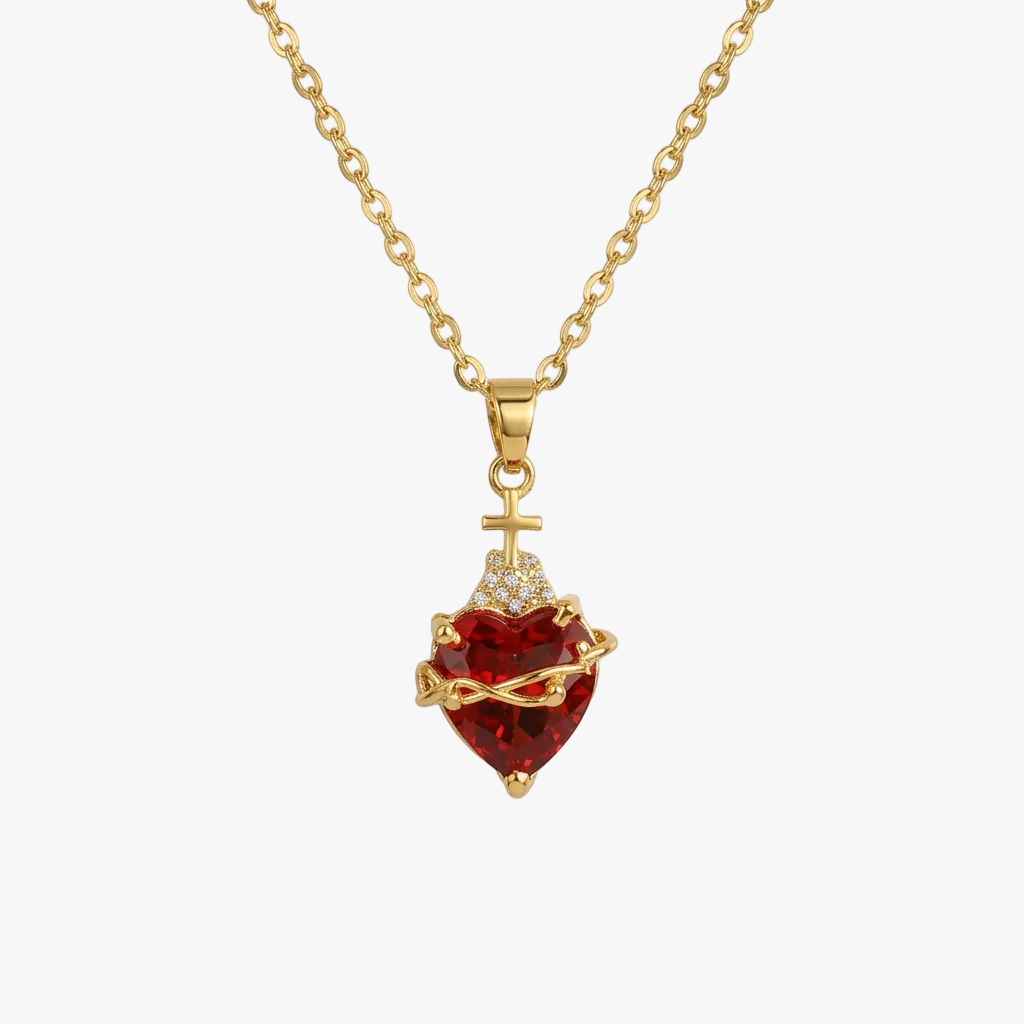 Gold-Plated Necklace with Sacred Heart and Red Garnet