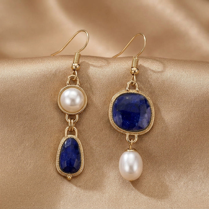 Gold Drop Earrings Riona with Blue Stones and Pearl