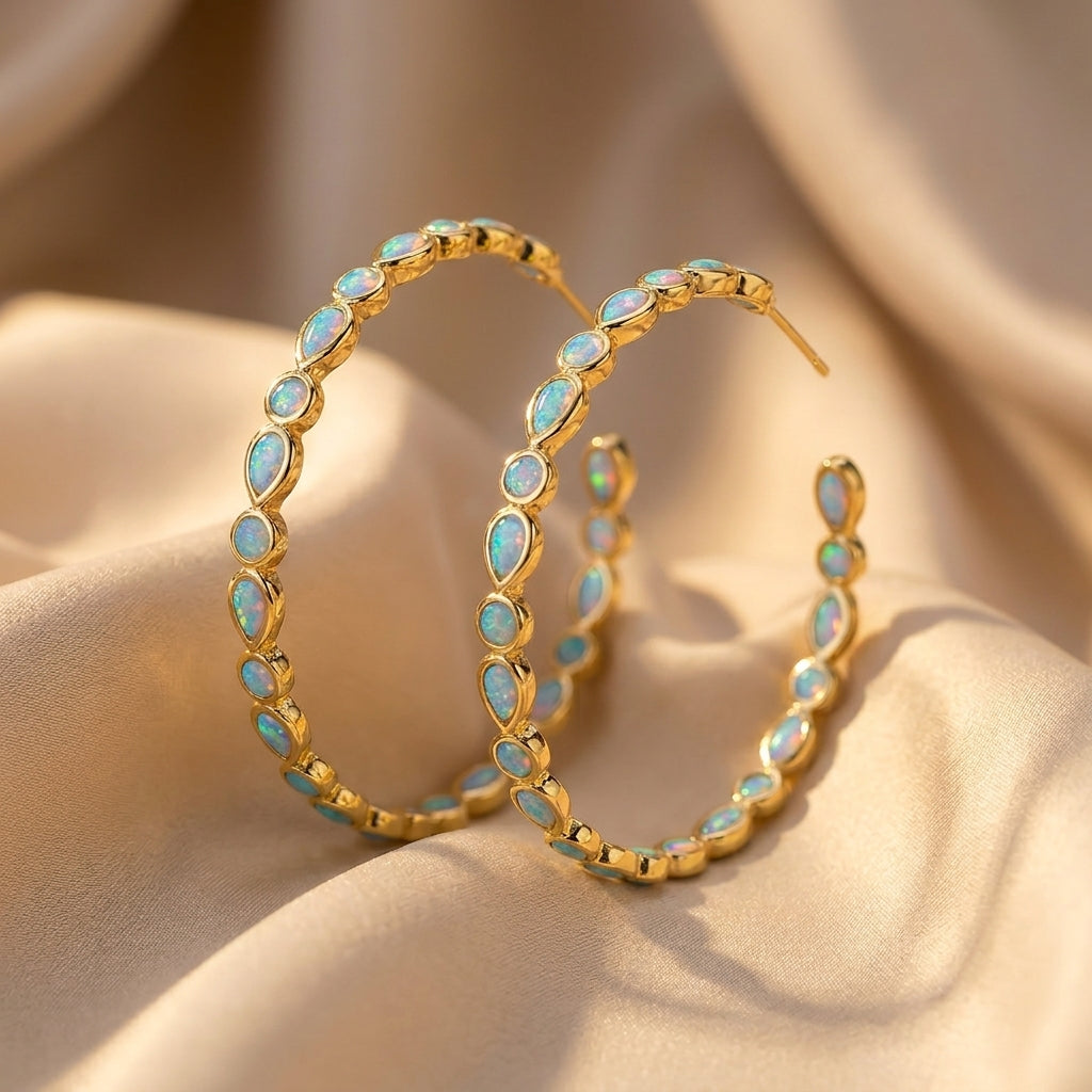 Gold Hoop Earrings Áine with Opals