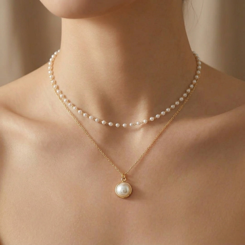 Gold Pearl Necklace Sinéad with Layered Chain