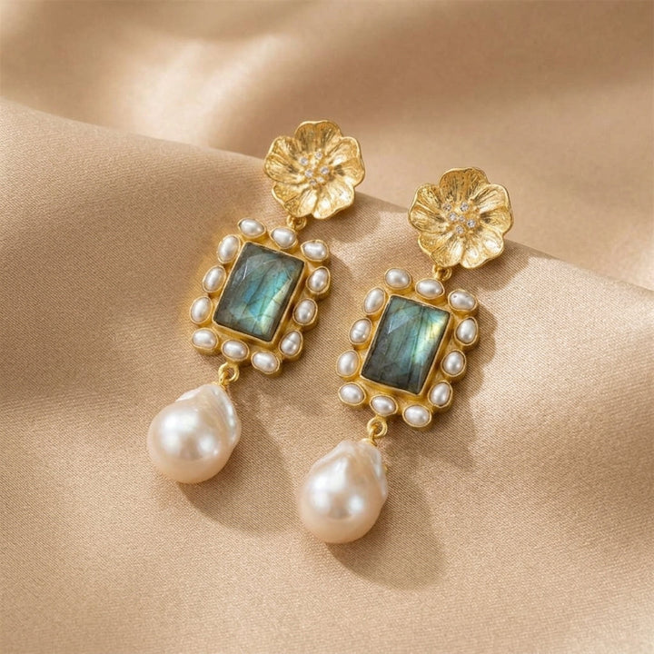 Gold Drop Earrings with Flower Motif and Labradorite