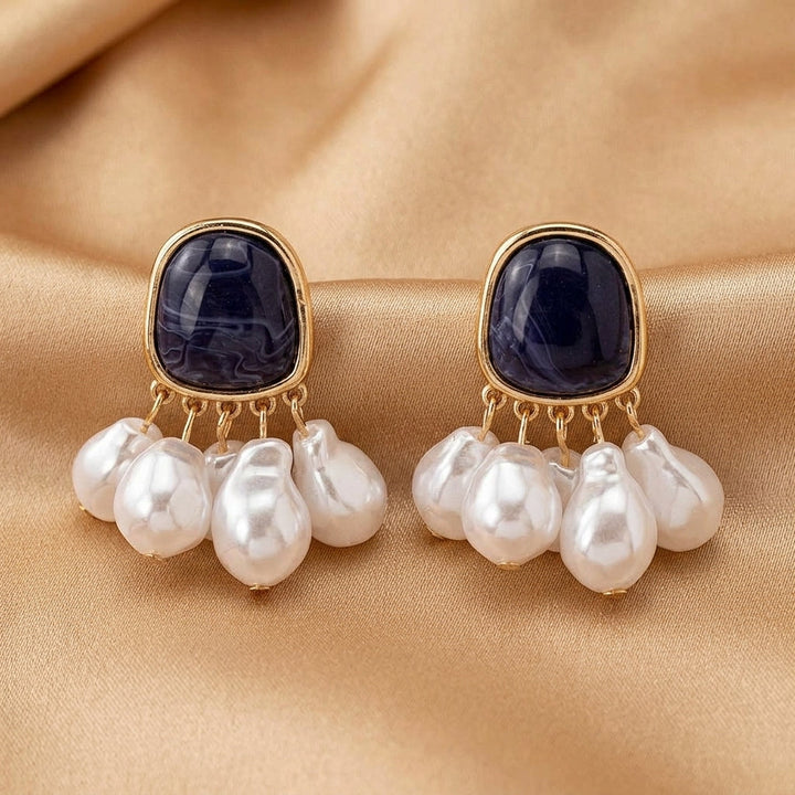 Gold Drop Earrings Darina with Blue Stone and Pearls