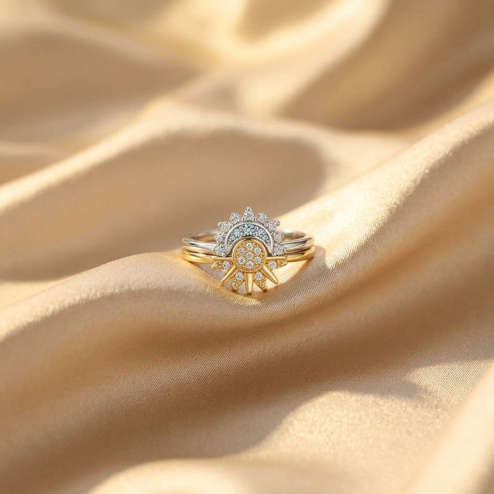 Gold &amp; Silver Ring Set Aoife with Sun &amp; Moon Motif