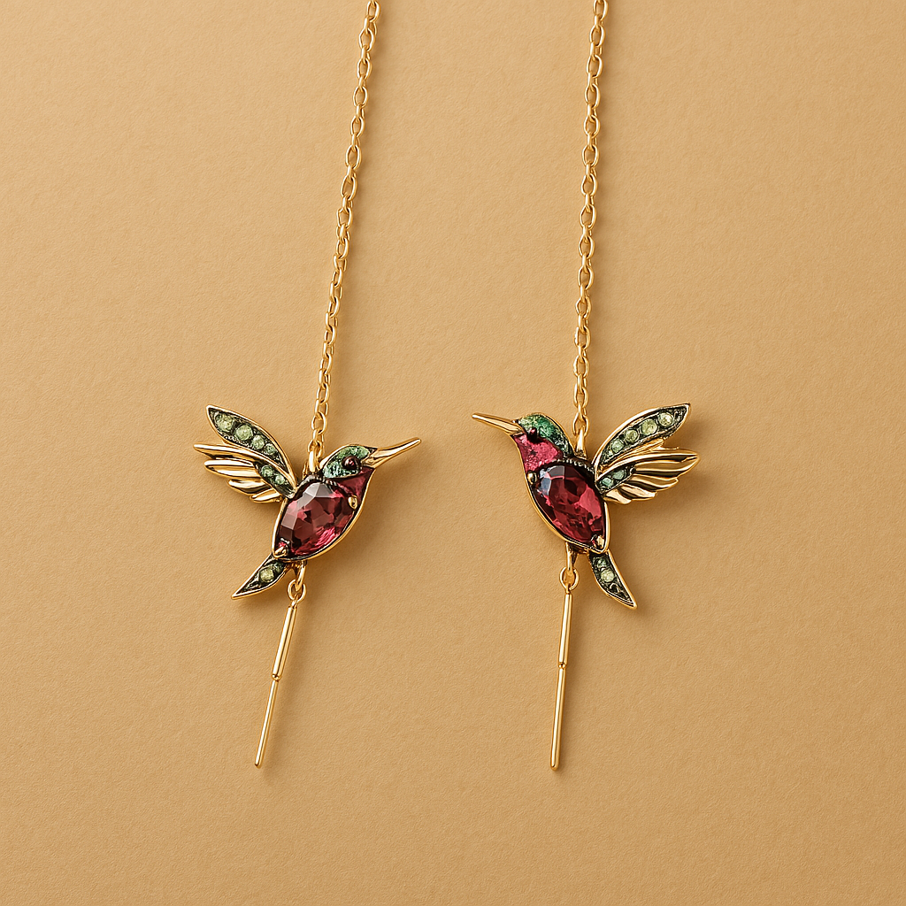 Gold Threader Earrings Emer with Hummingbird Motif