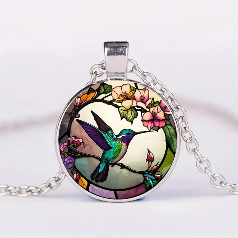 Silver Necklace Maeve with Hummingbird Glass Cabochon