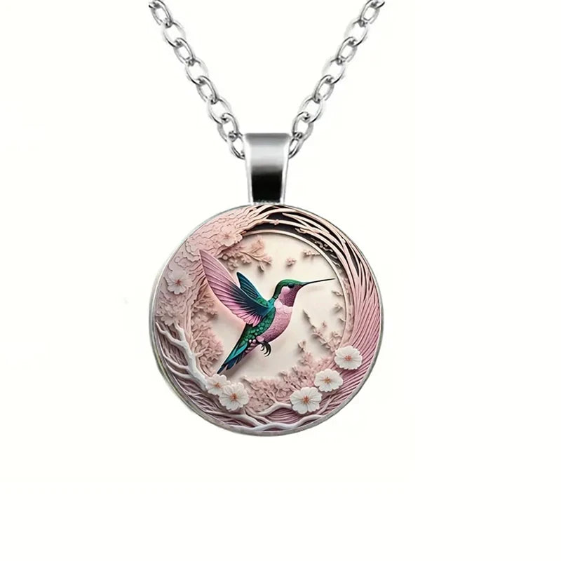 Silver Necklace Maeve with Hummingbird Glass Cabochon