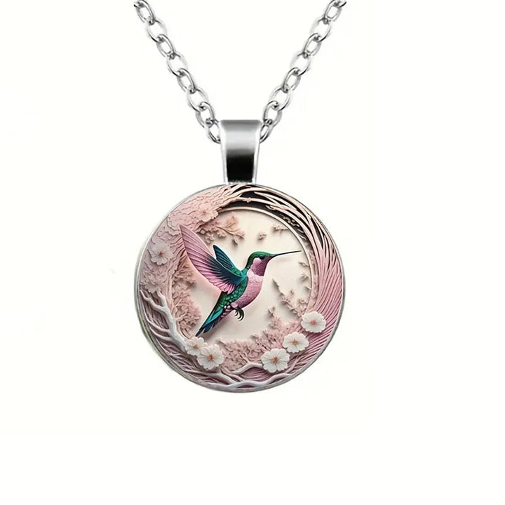 Silver Necklace Maeve with Hummingbird Glass Cabochon