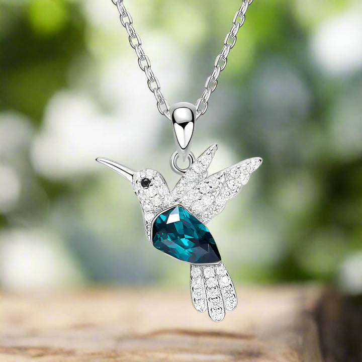Silver Necklace with Hummingbird and Blue Crystal