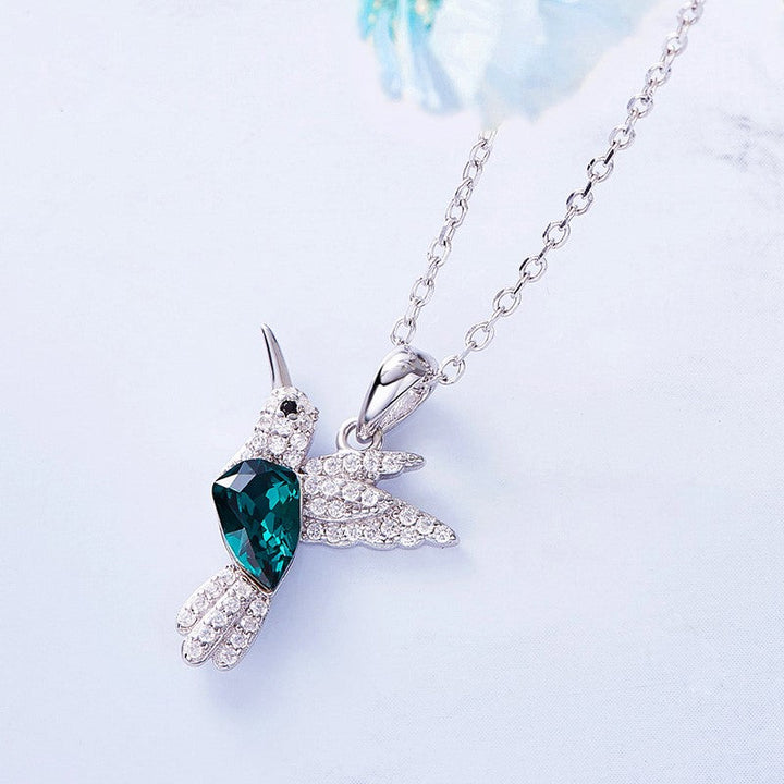 Silver Necklace with Hummingbird and Blue Crystal