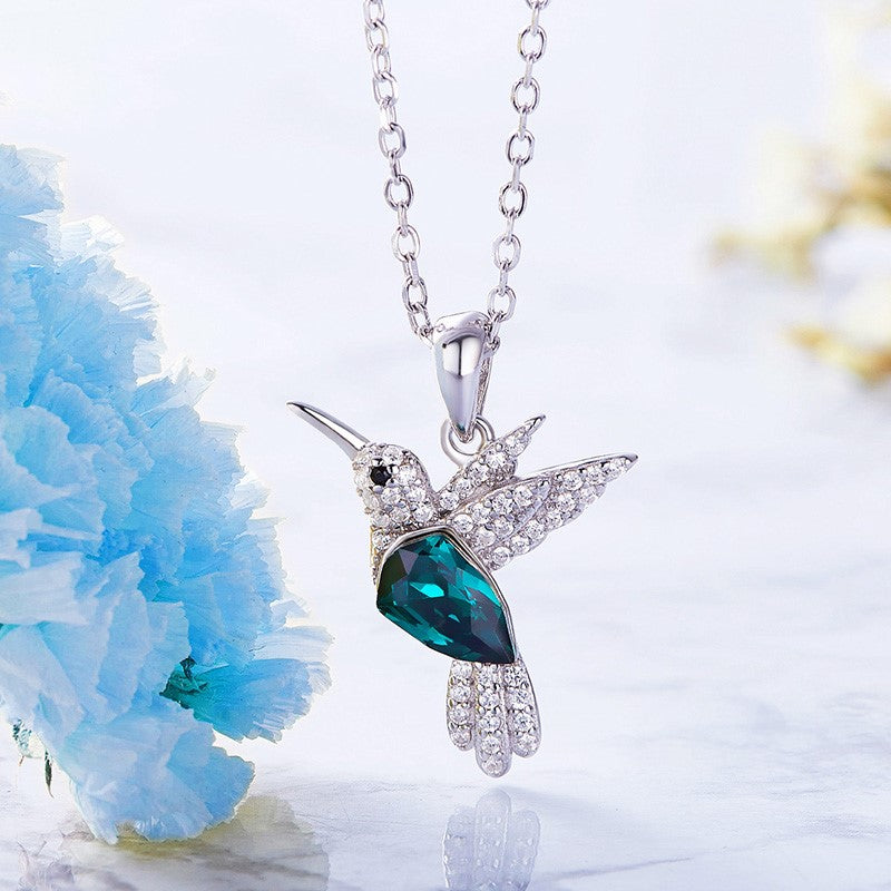Silver Necklace with Hummingbird and Blue Crystal