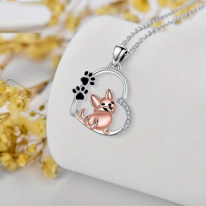 Silver Necklace with Rose Gold Dog and Paw Prints