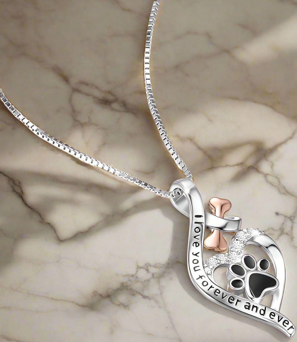 Silver Necklace with Paw Print, Heart and Rose Gold Bone