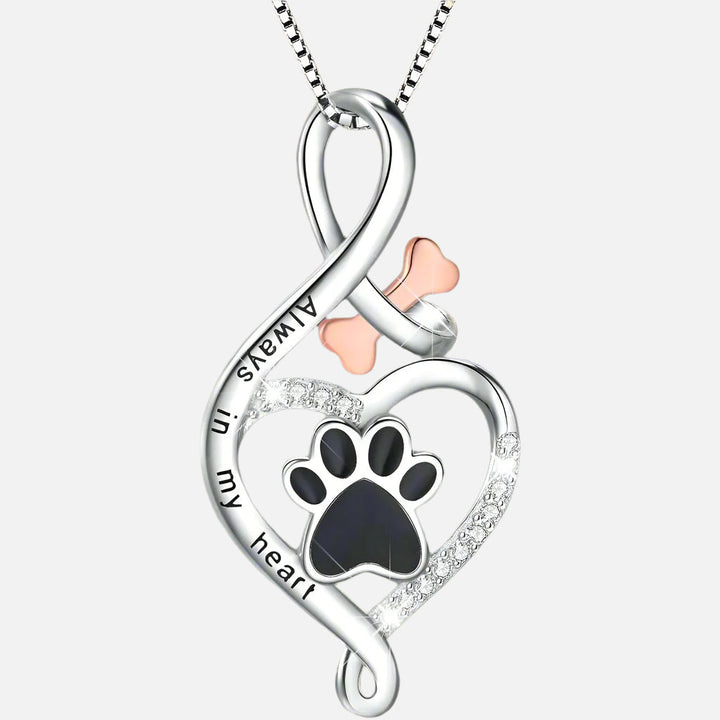 Silver Necklace with Paw Print, Heart and Rose Gold Bone
