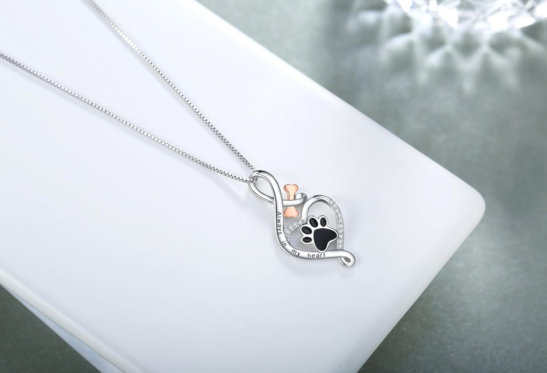 Silver Necklace with Paw Print, Heart and Rose Gold Bone